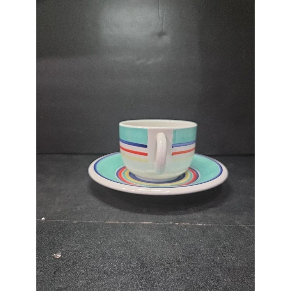 Pier 1 Turquoise Hand Painted Bright Striped Coffee Mug & Saucer, Kitchen Decor‎